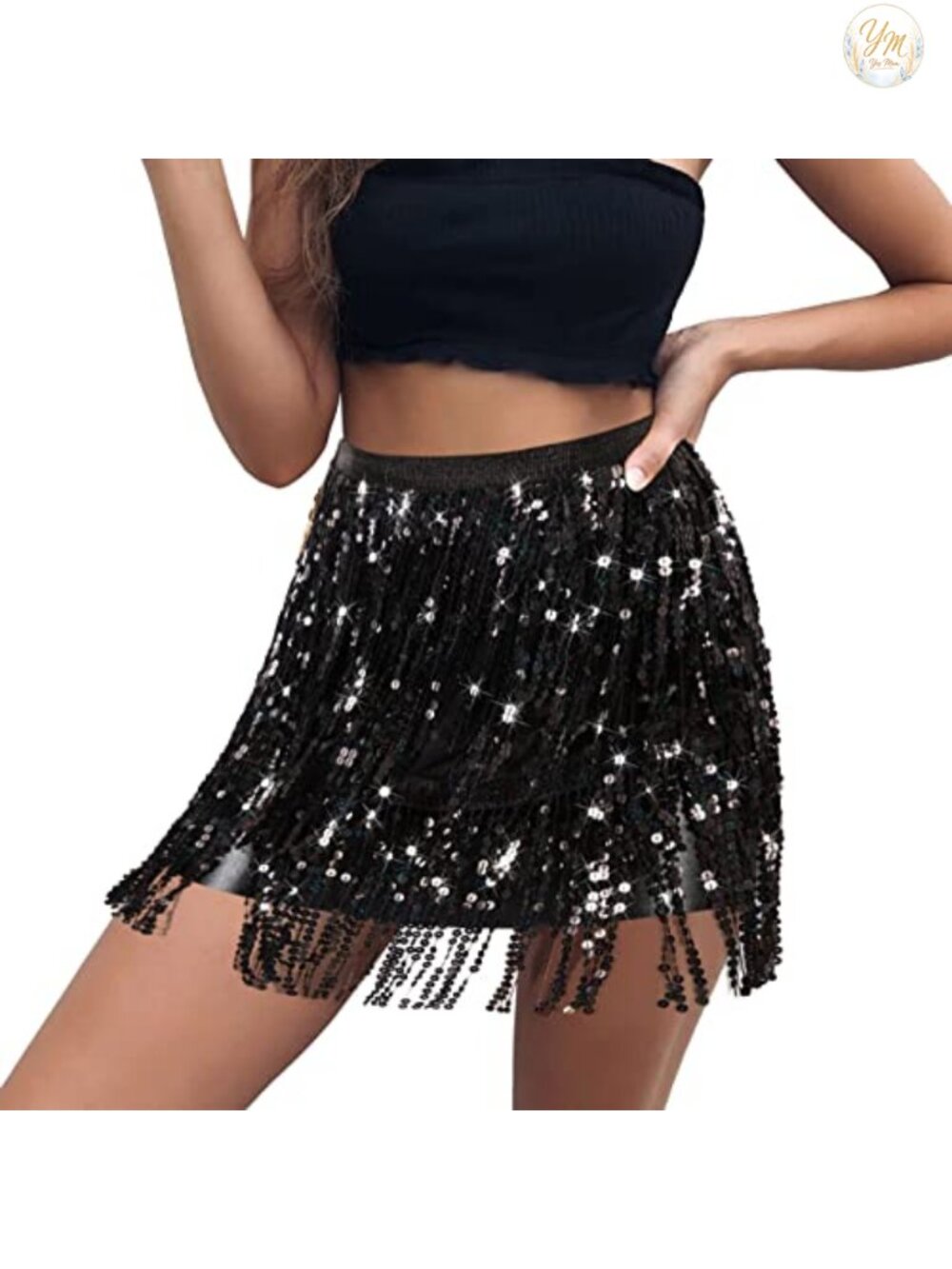 Sequin Fringe Skirt High Waisted Women's Festival Dance Party Sparkly Wrap Skirt